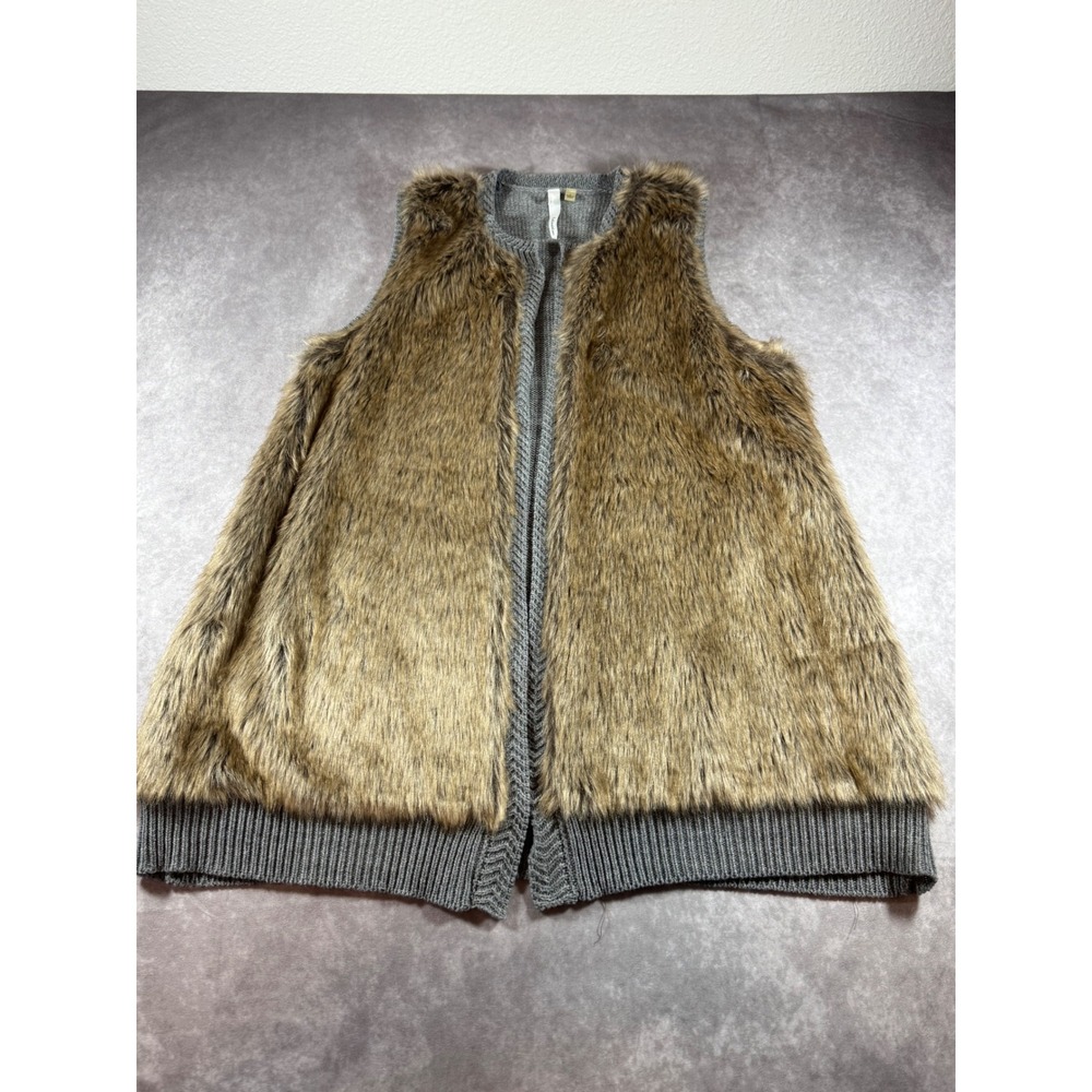 NY Collection Faux Fur Front Sweater Vest Grey Brown Knit XSVR0876 Womens Large